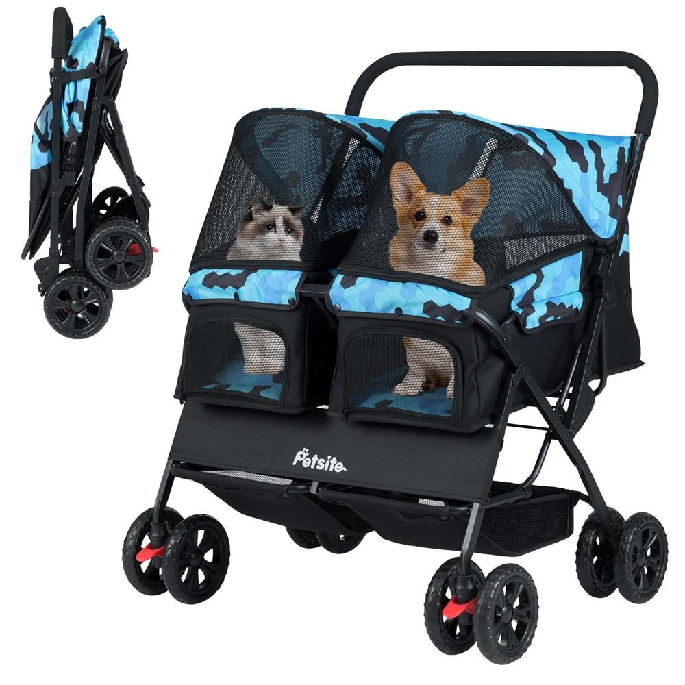 Yardi Yarda Foldable Double Pet Stroller with Adjustable Sunshade and Storage Basket, Dog Strollers, Pet Gear Stroller-Navy