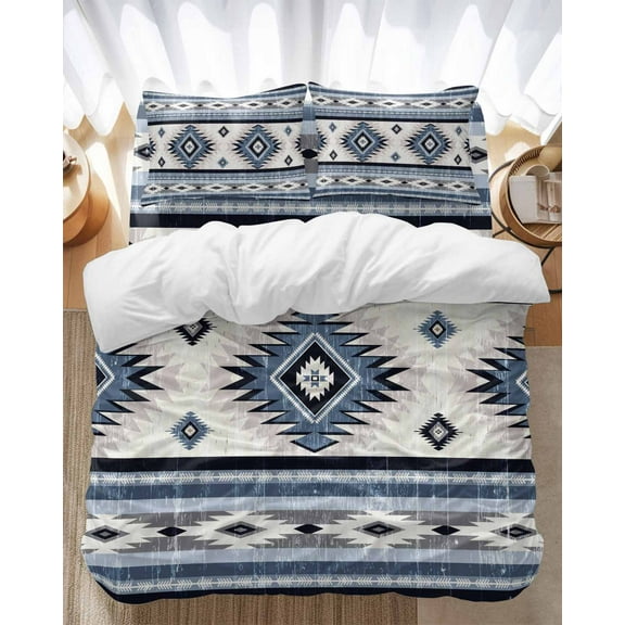 Blue Southwestern Bedding Duvet Cover Set Full Size 4 Pieces Native Aztec Ethnic Style Geometric Bedding Set with Zipper Closure, 1 Comforter Cover 86x86 Inches 1 Flat Sheet & 2 Pillow Cases