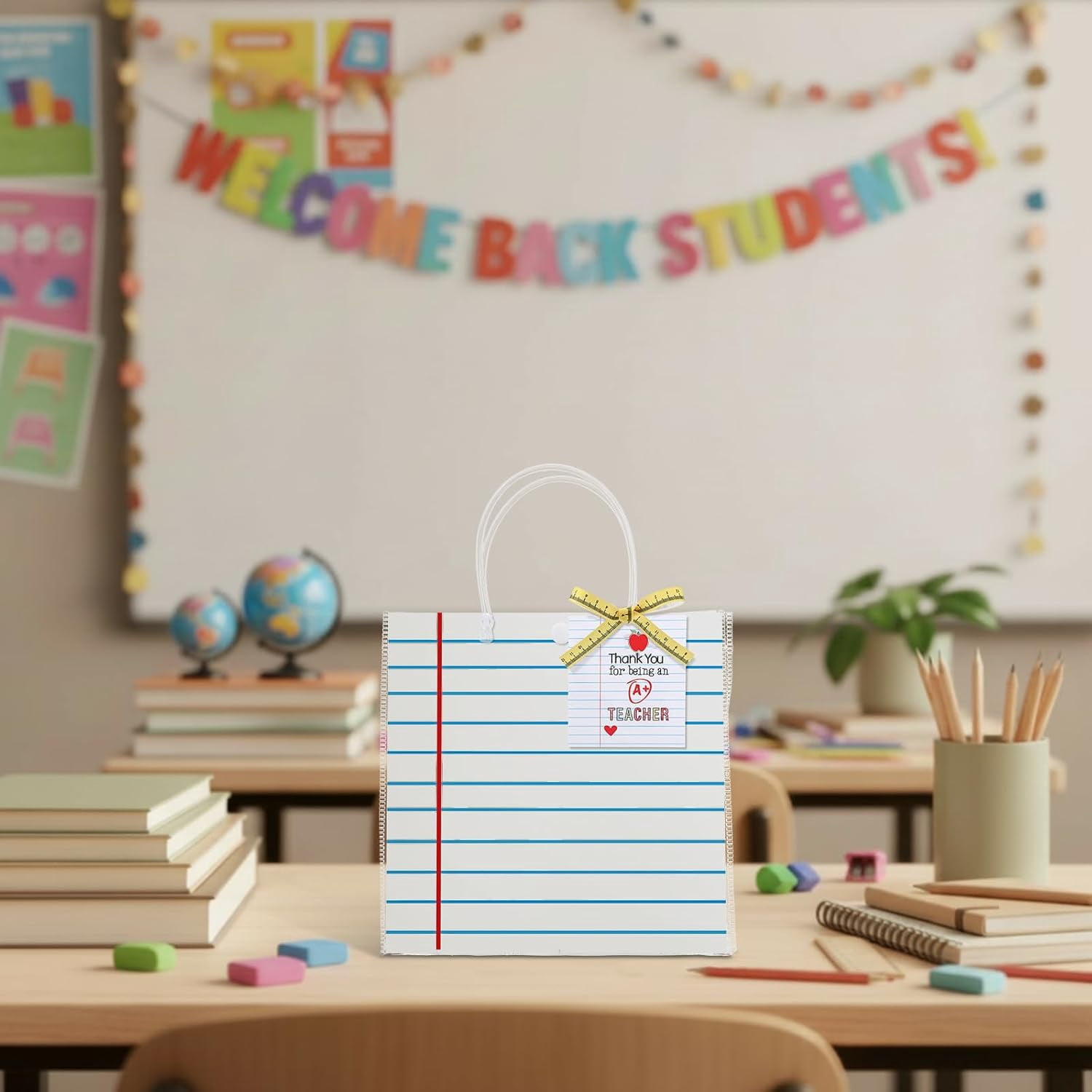 Frienda 24 Pcs Teacher Appreciation Gift Bags with Measuring Tape Ribbon Thank You Tags Clear PVC Notebook Style Gift Bags with Handle for Graduation End of Year Back to School Classroom Celebration
