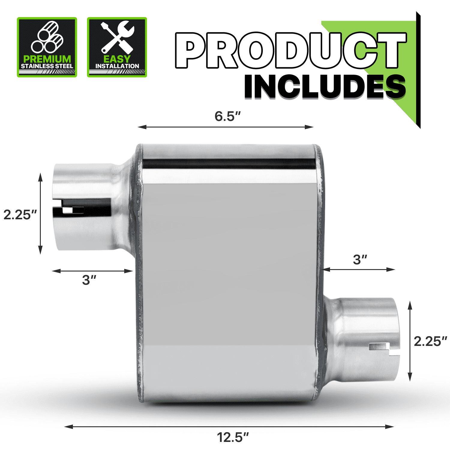 Magshion 2.25 Inch Inlet/Outlet 1 Pair Chambered Exhaust Muffler Straight-Through Stainless Steel Round Tip, Chrome