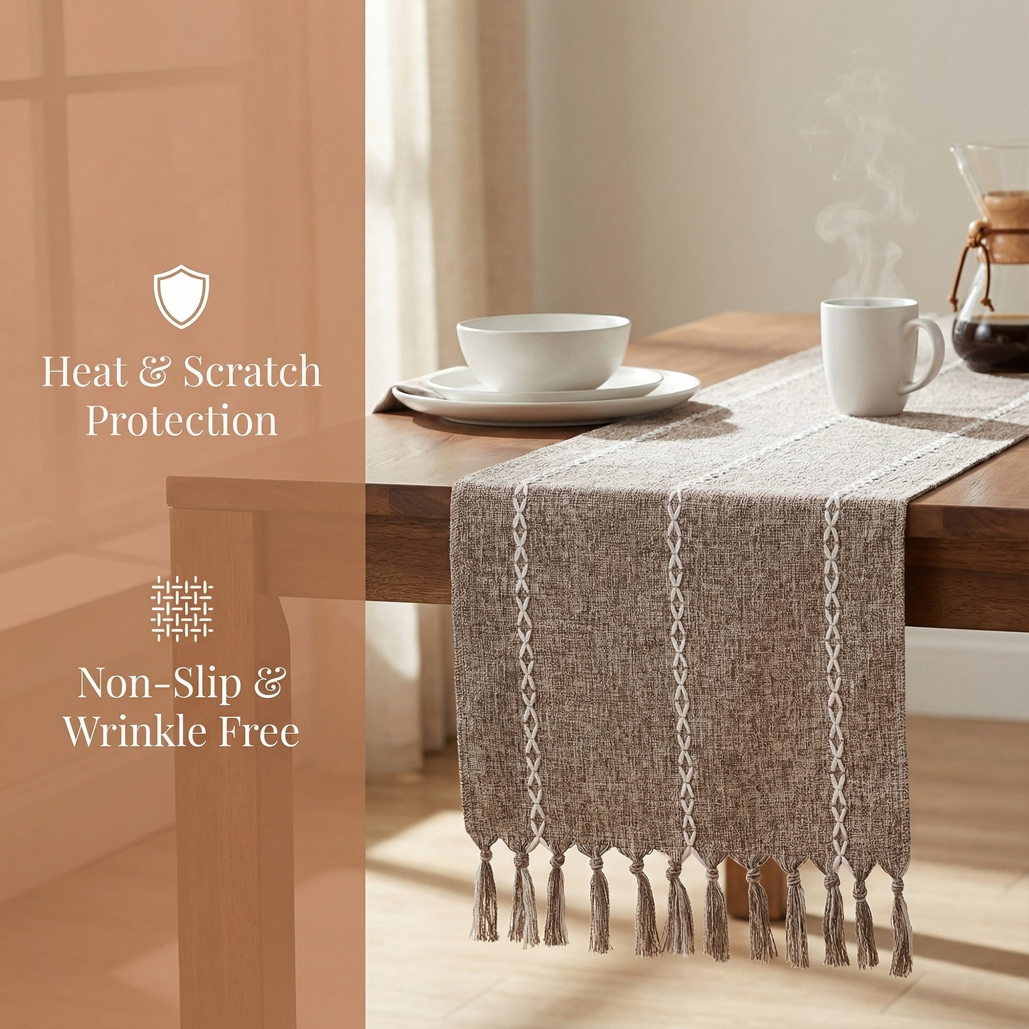 Unique Bargains Washable Polyester Kitchen Runner with Tassel for Dining Brown 13"x72"