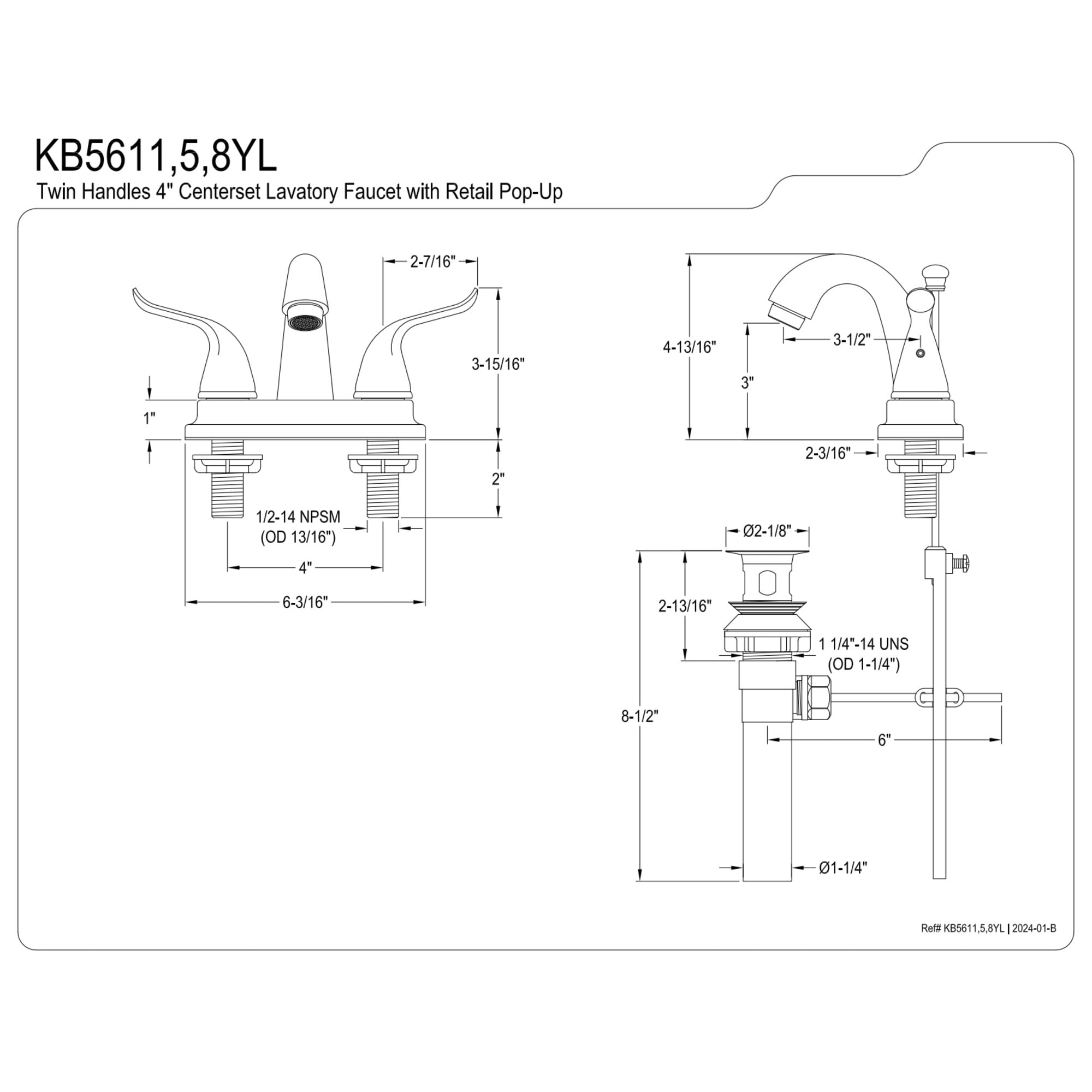 Kingston Brass KB5615YL Double-Handle 3-Hole Deck Mount 4-Inch Centerset Bathroom Faucet with Pop-Up Drain in Oil Rubbed Bronze