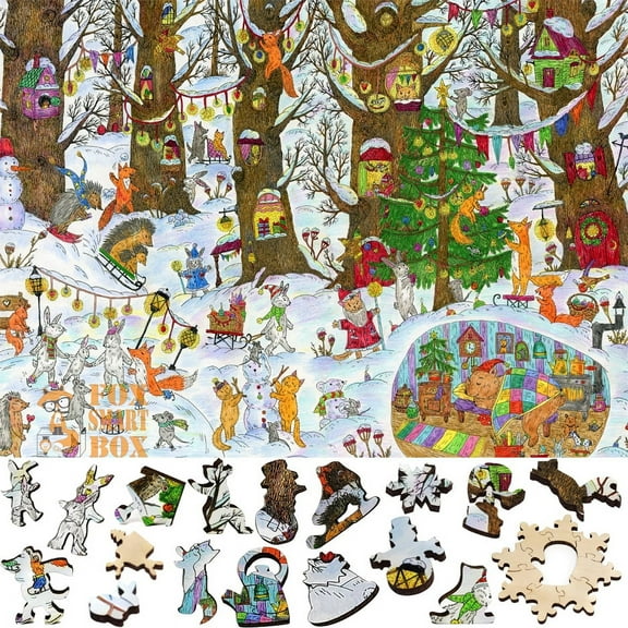 Wooden Jigsaw Puzzles for Adults with Uniquely Shaped Pieces - made in USA by FoxSmartBox - 434 Pieces - Fairy Forest. Winter