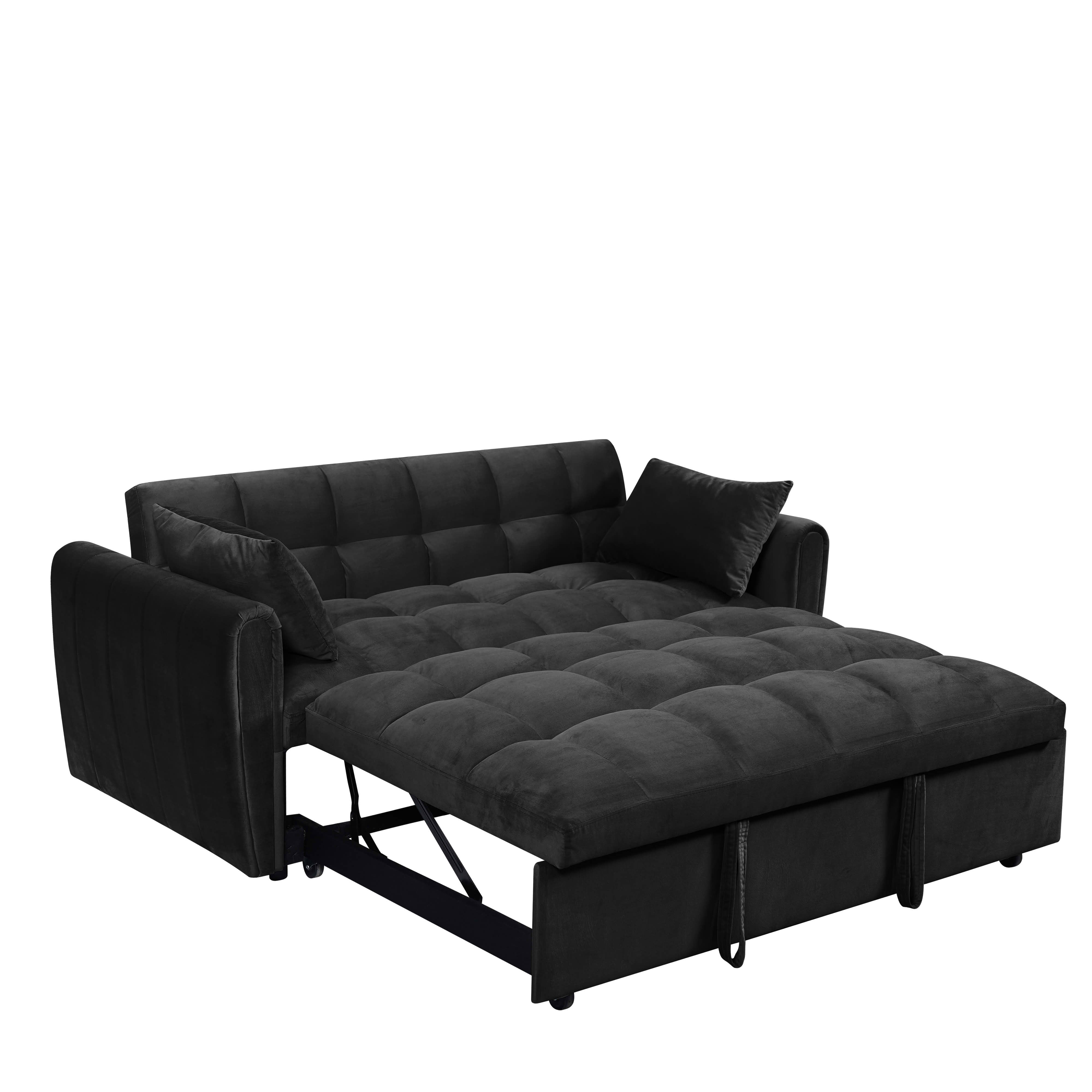 MAYEERTY 65 Inch Black Velvet 3-in-1 Convertible Foldable Sofa Bed, 2-Seat Adjustable Backrest Futon Couch with Throw Pillows