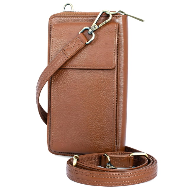 Monedero bandolera de piel con forma de cartera para teléfono BULL GUARD, color marrón dorado