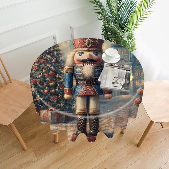 RKSupls 60 Inch Round Tablecloth, Nutcracker Christmas Tree Premium Polyester Straight Edge Wrinkle Resistant Washable Table Cover for Party Home Dining Decor
