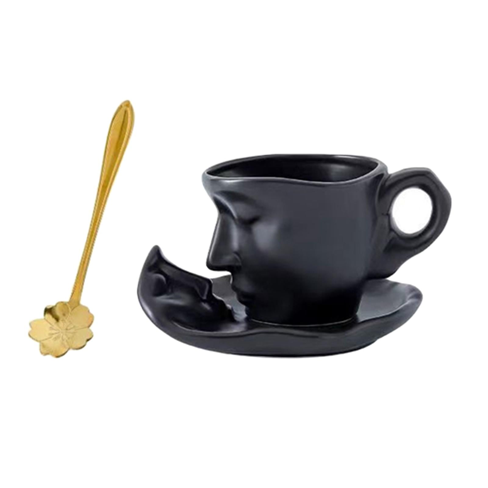 Fiocias 3D Human Face Kissing Mug with Spoons and Human Face Coaster Espresso Mugs 260ml Black