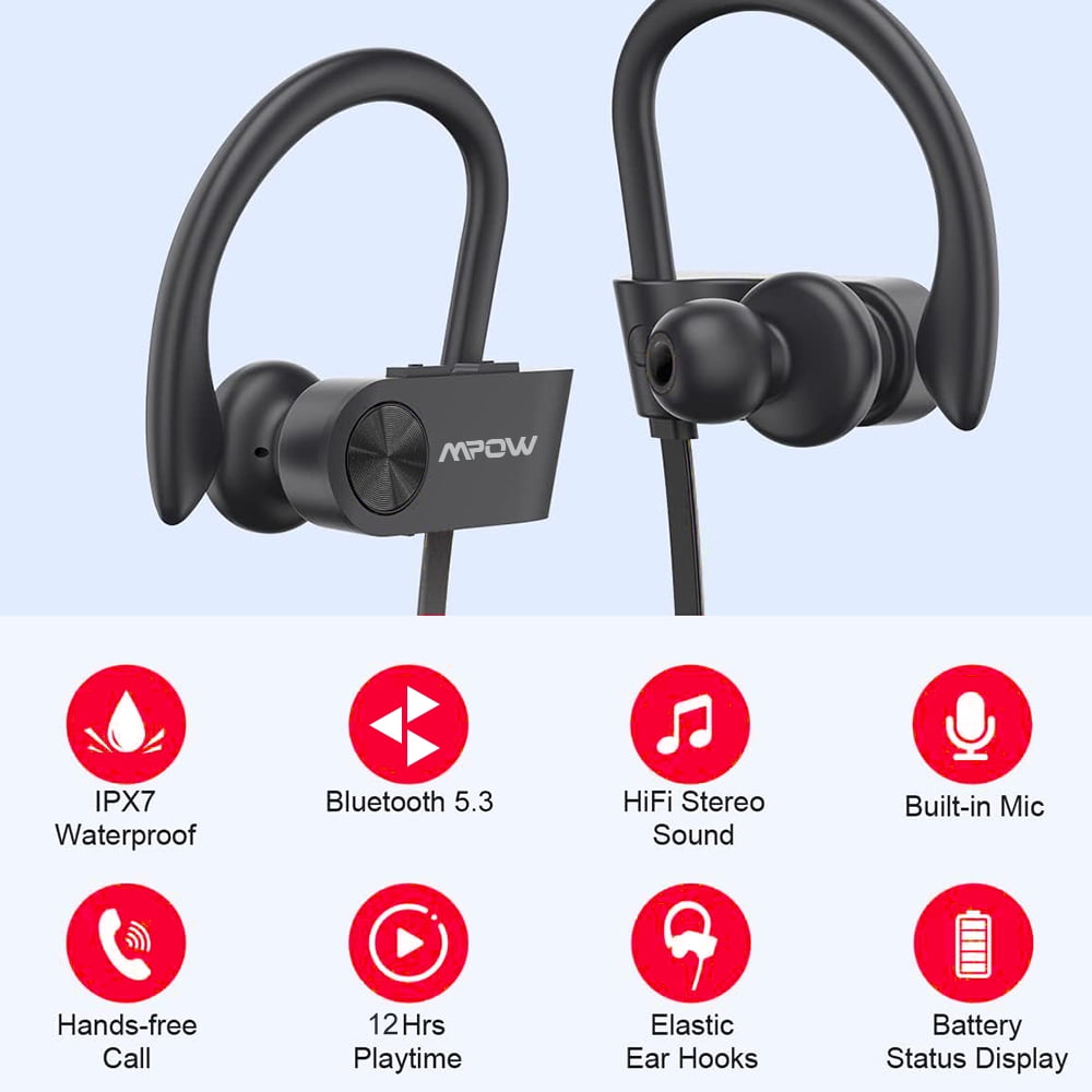 MPOW Flame Wireless Bluetooth 5.3 Earphones, Stereo Sweatproof in-Ear Sports Headphones, Noise Cancelling Headsets for Gym Workout, 12 Hours Playtime Earbuds, Black