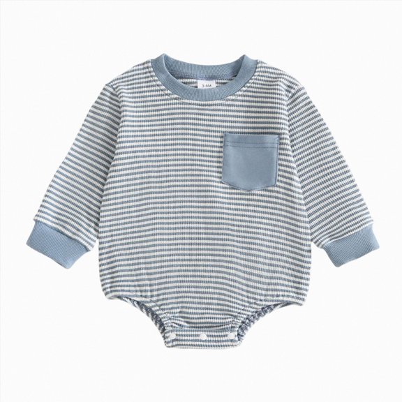 Ulanda Baby Sweatshirt Romper Boy Girl Waffle Knit Long Sleeve Striped Romper Oversized Sweater Newborn Fall Winter Clothes (Blue, 12-18 Months)