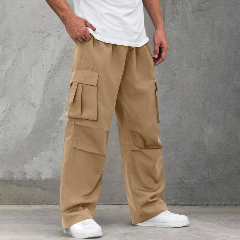 BiZtdJrK Khaki Men's Wide Leg Cargo Pants High Waisted Drawtring