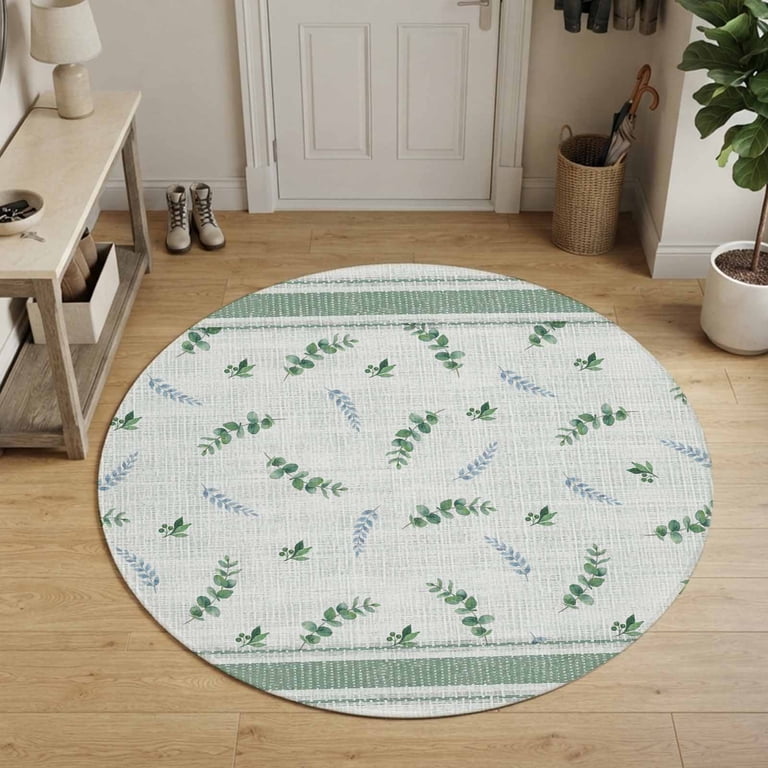 Round Rug 5Ft Washable Non-Slip, Green Leaves Circle Area Rugs for ...