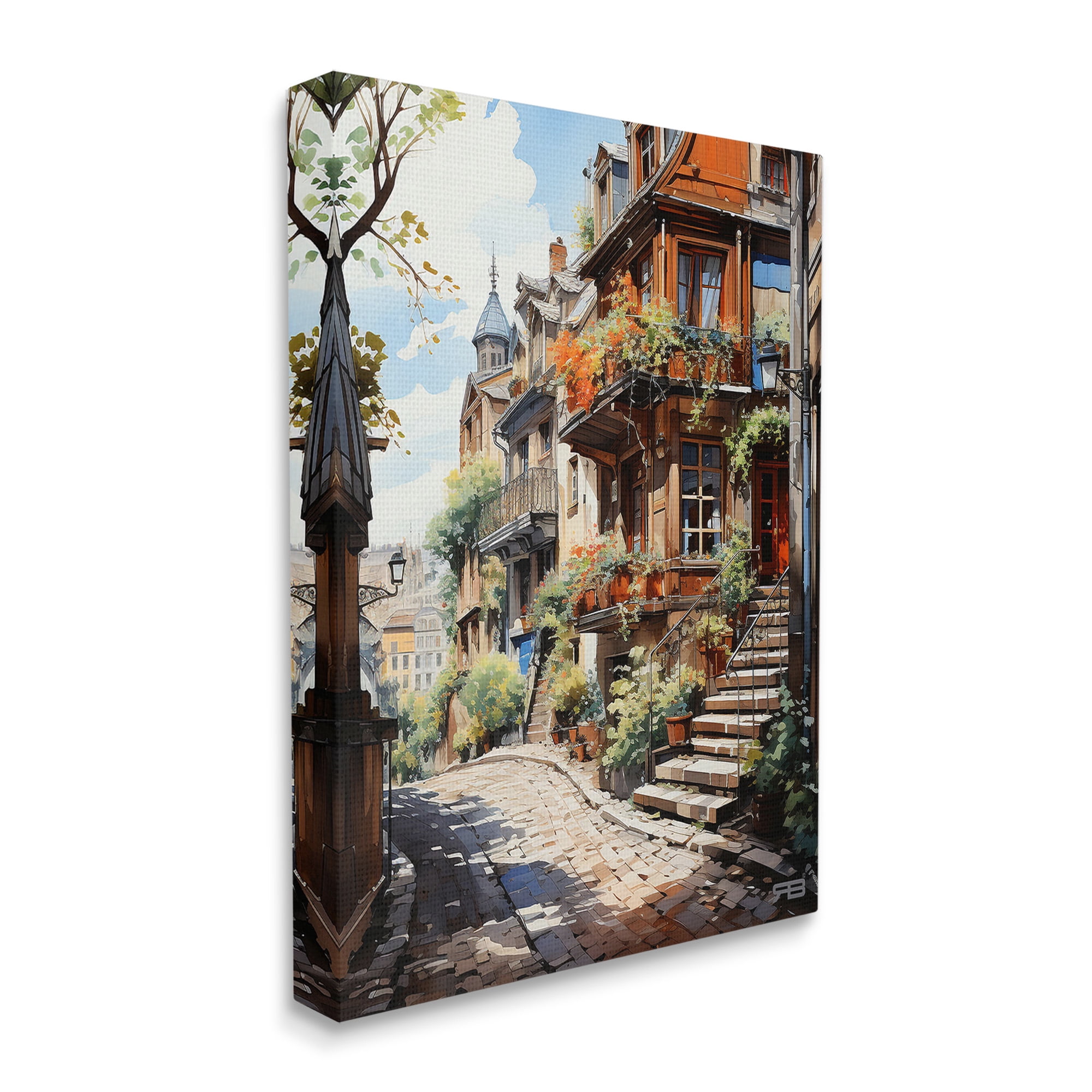 Stupell Industries Cobblestone Walkway in Town Travel & Places Painting Gallery Wrapped Canvas Art Print Wall Art, 36 x 48
