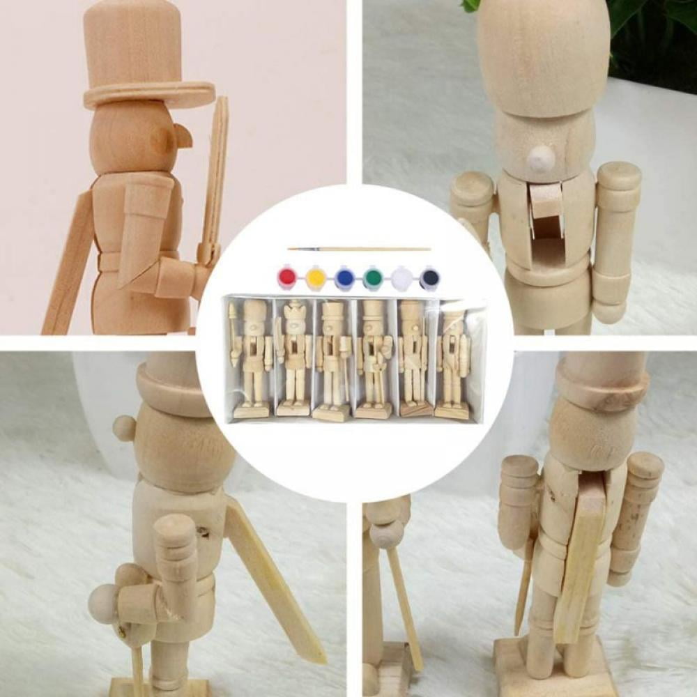 6 Pcs Unpainted Wooden Nutcracker Figurines DIY Blank Craft Kit for Christmas Ornaments