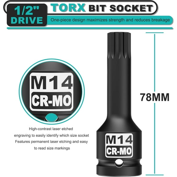 GHRTGR-1/2" Drive M14 XZN Triple Square Spline Bit Socket, Metric Size, CR-MO