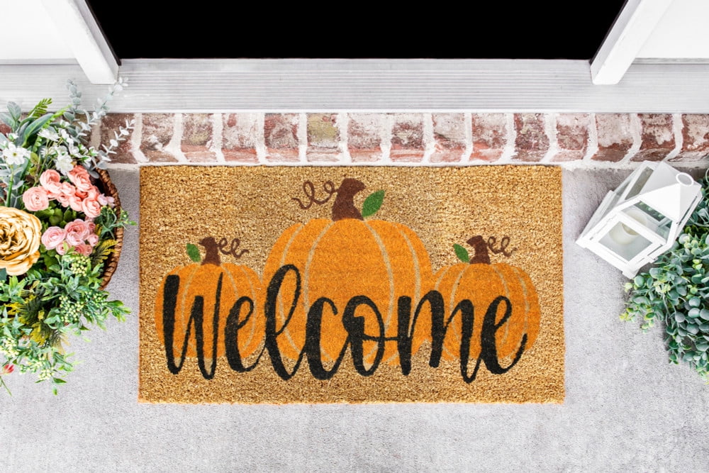 Kashi Home Coir Door Mat Fall Decor Printed Pumpkins 18x28 Non-Slip Doormat, Durable Outdoor/Indoor Rug, Welcome Pumpkins Fall Theme