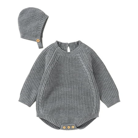 

2024 Newborn Infant Baby Solid Knit Romper Long Sleeve Girl Sweater Clothes Baby Bodysuit with Cute Hat Set Hat Onesie Knitting Sweater Grey (80)