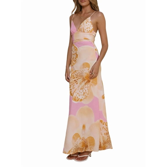 Womens Floral Dresses Spaghetti Strap V Neck Bodycon Maxi Beach Dress Elegant Party Long Dresses Yellow S