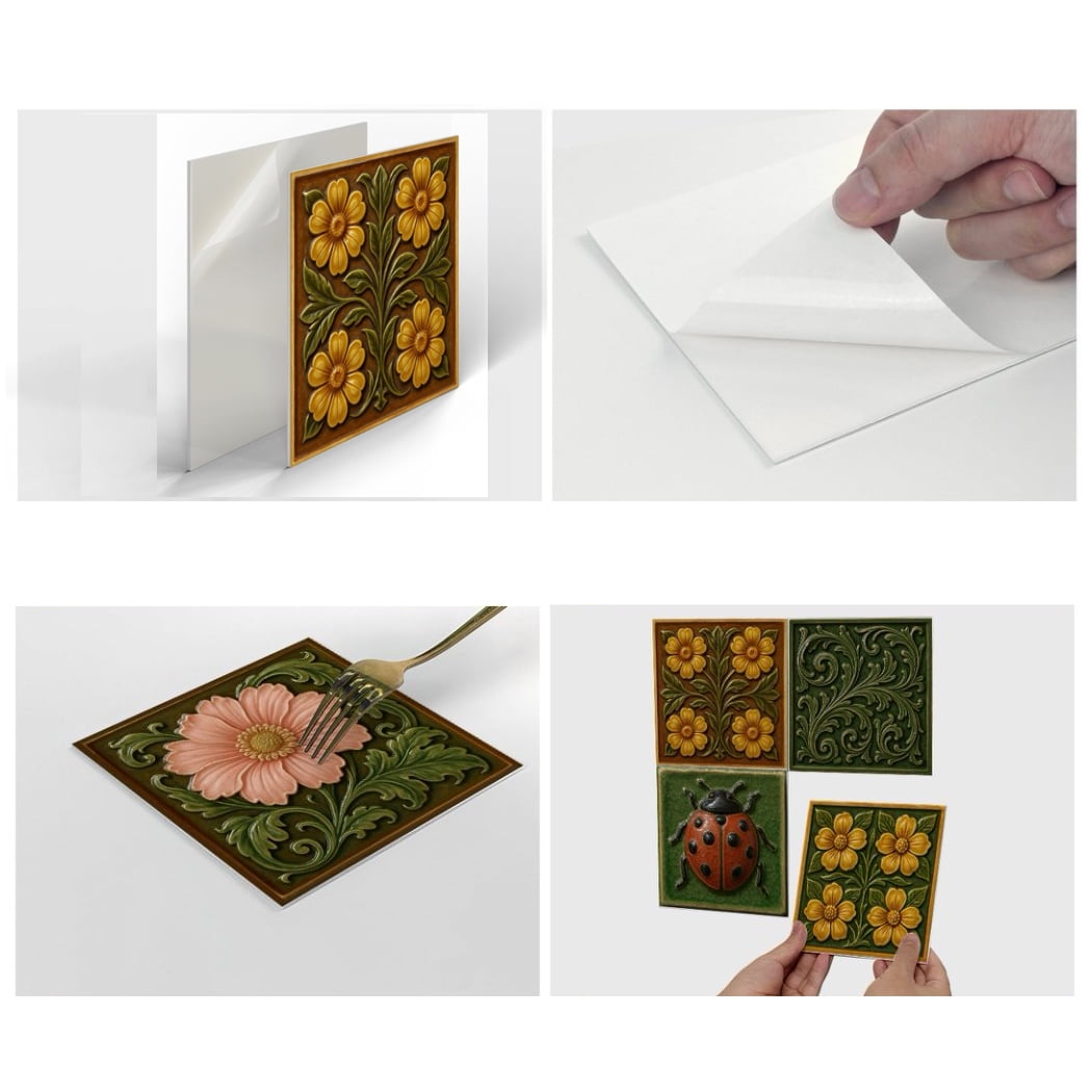12 Sheets Tile Sticker Waterproof Peel and Stick Backsplash 5.9" x 5.9" Green Flower Wall Stickers Self-Adhesive DIY Decor Decals