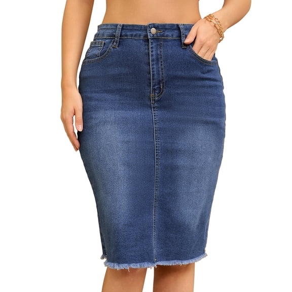 DARING DIVA Women's Denim Raw Hem Pockets Pencil Skirt S Blue