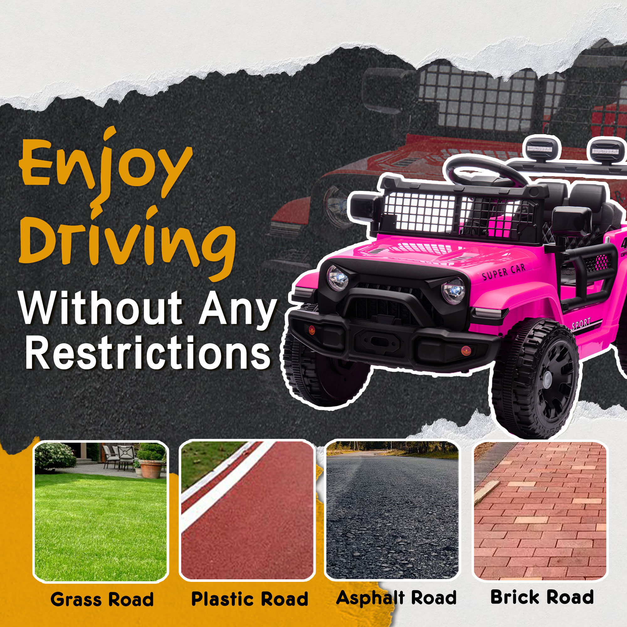 Okybaby 24V Kids Ride On Jeep Car with Remote Control,Four-wheel Suspension, Electric Kids Ride On Toy Car with Dual Motor,LED Light,USB,Bluetooth,MP3 for Kids of 3+, Pink