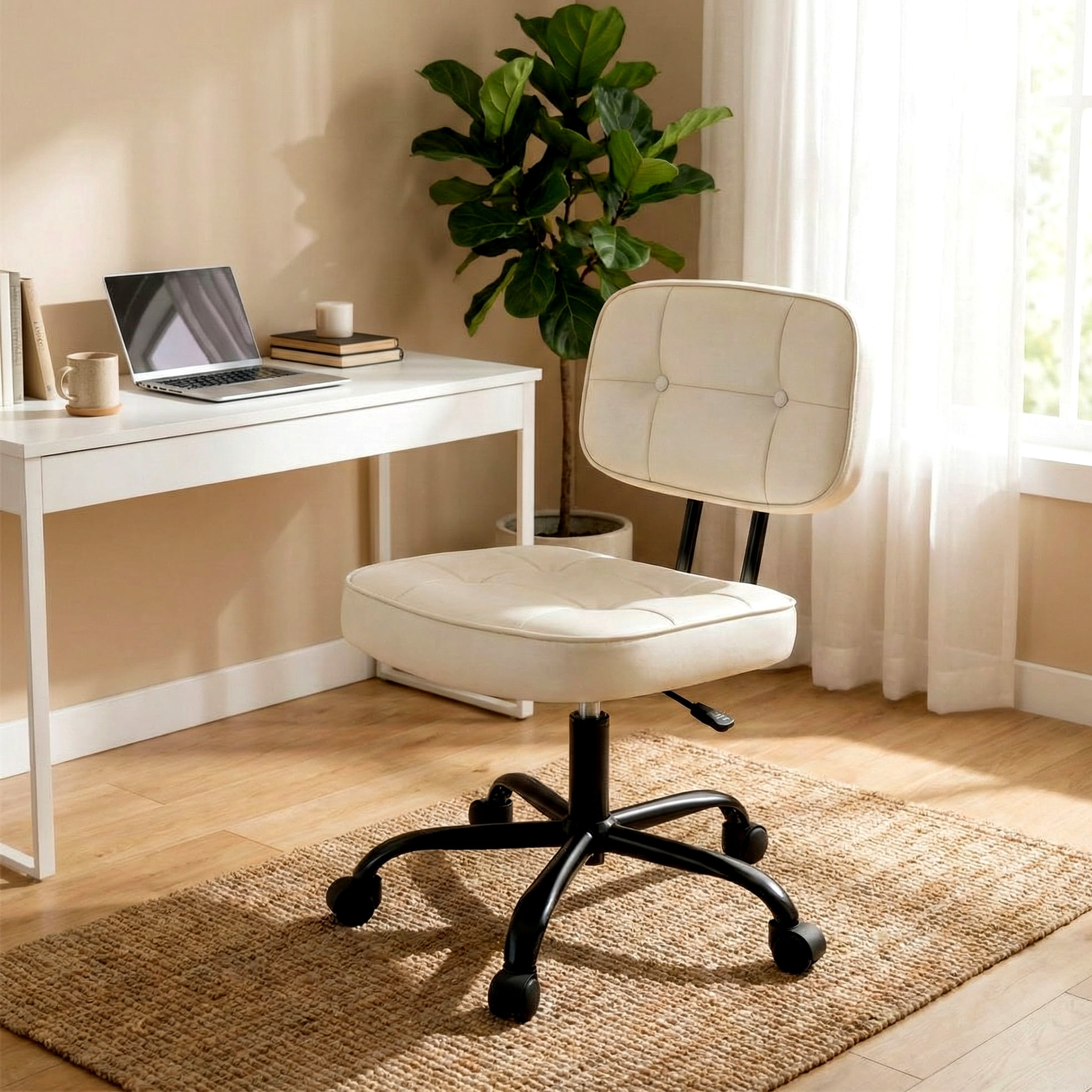 edx Height Adjustable Office Desk Chair, Low-Back Lumbar Support Rolling Work Swivel Task Chair with Wheels for Home Office Bedroom, Beige