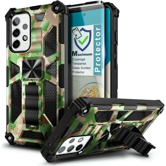Nagebee for Samsung Galaxy A23 5G Case with Tempered Glass Screen Protector (Full Coverage) Full-Body Protective Shockproof [Military-Grade] Built in Kickstand Heavy-Duty (Camo)