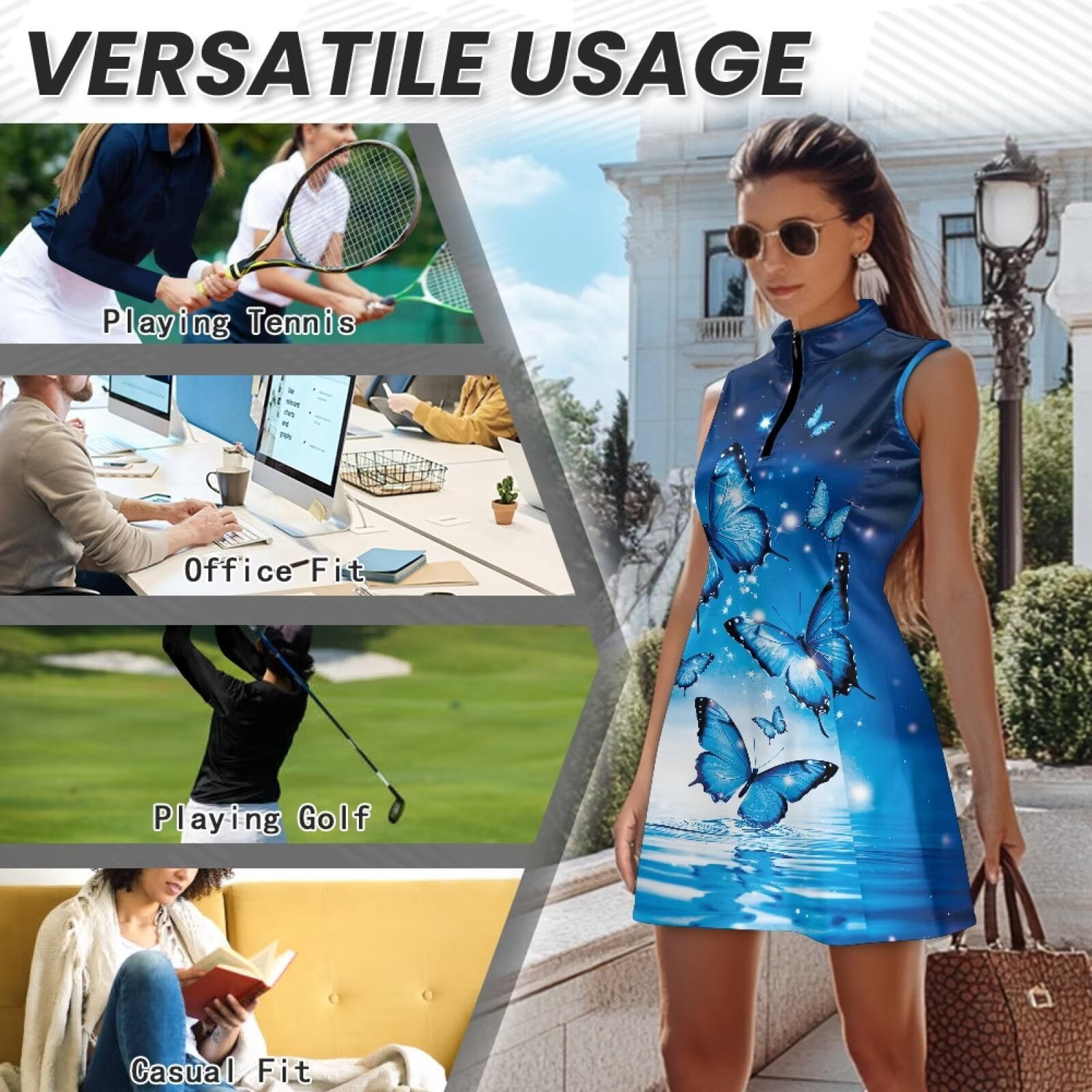 Yuyamidu Blue Butterfly Womens Golf Dress Build in Shorts with Pockets Sports Activewear Dress Sleeveless Summer Outfits Trendy Moisture Wicking Womens Athletic Clothing Sets Size XS
