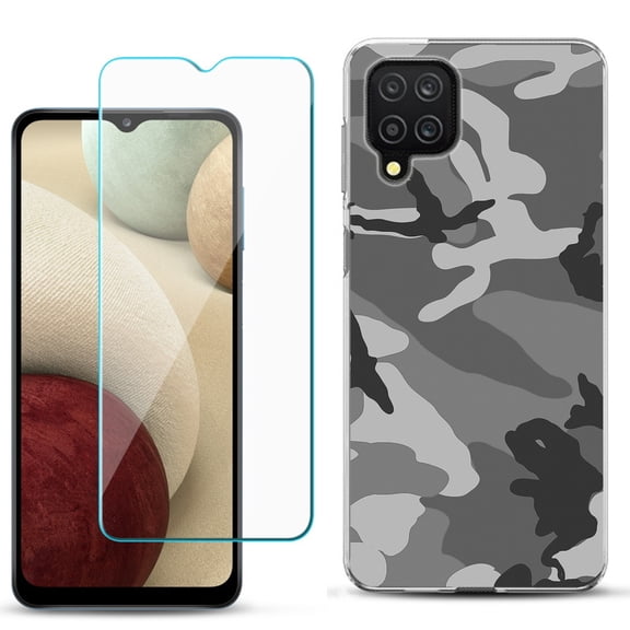 Slim-Fit Shockproof Phone Case compatible with Samsung Galaxy A12, with Tempered Glass Screen Protector, by OneToughShield ® - Camo B/W