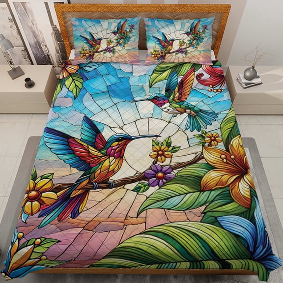 Lotusprinthandmade Colorful Hummingbird Couple Quilt Bedding Set