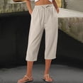 thumbnail image 5 of Oksale Linen Cotton Capris Women Petite Lace Hem Straight Leg Capri Pants with Pockets Dressy Casual Drawstring Waisted Travel Vacation Clothes Beige XL, 5 of 6