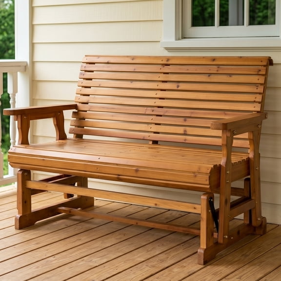 Fortune candy Wood Patio Glider with High Roll Back and Deep Contoured Seat, for Outdoor, Garden, Yard, Lawn, 2-Seaters, Brown