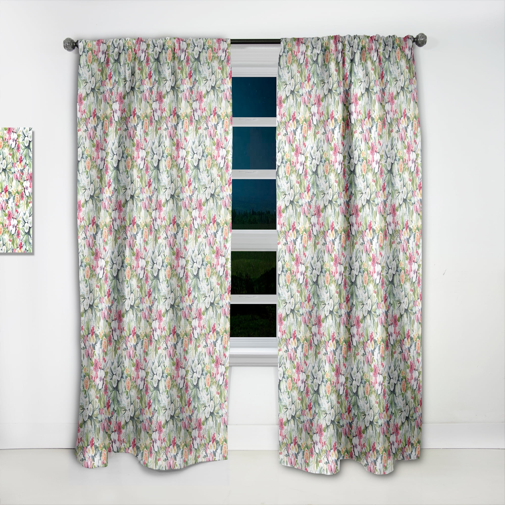 Designart 'Flowers With Green Leaves VI' Floral Curtain Panel