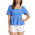 thumbnail image 1 of INSPIRAR CHIC Mariposa con Cinta para la Parte Superior de Manga Abullonada de Mujer, Blusa Peplum de Cuello Cuadrado Casual L Azul, 1 of 6