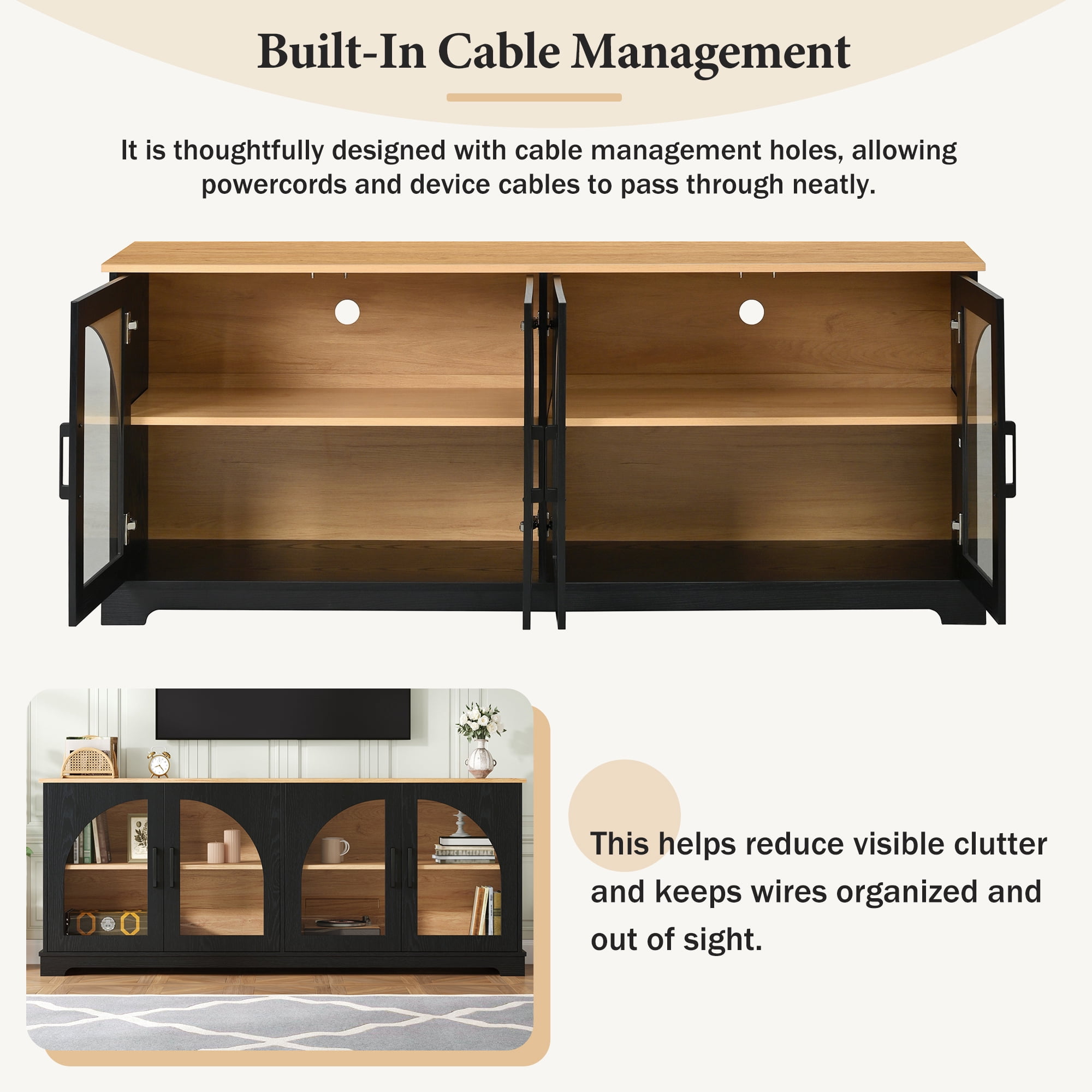 Miniyam Media Console for 70″ TVs: Farmhouse Stand with Semi-Arched Glass Doors, Adjustable Shelves, Cable Management, Black