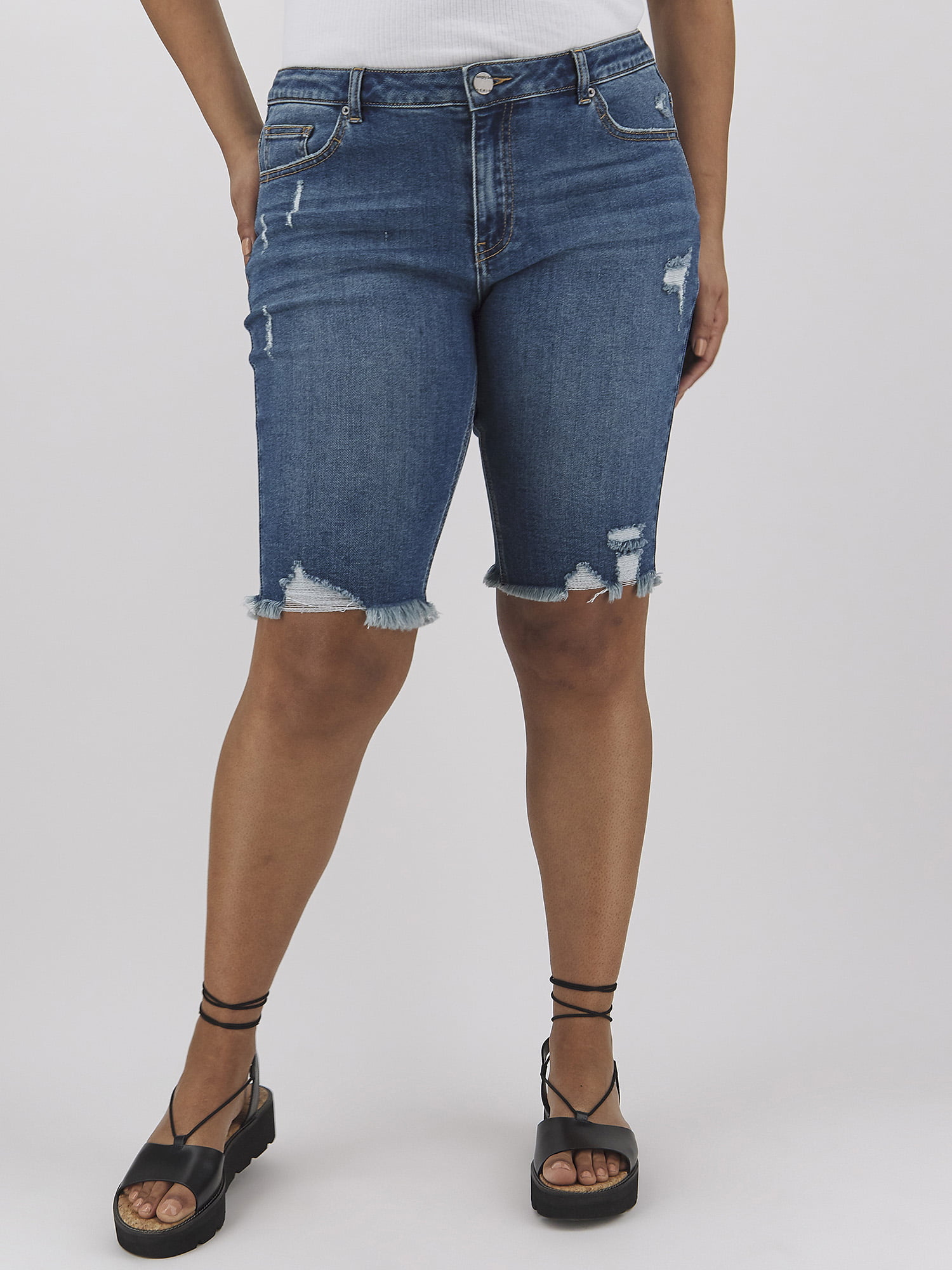 knee length ripped jean shorts