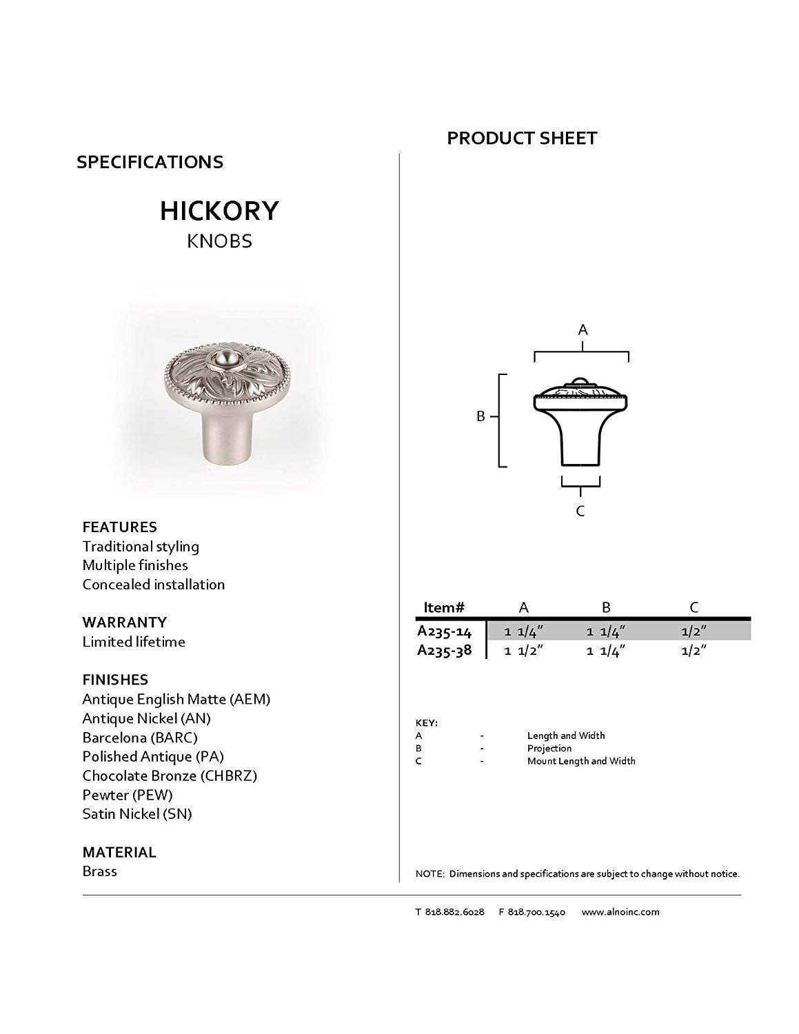 Alno A235-14-CHBRZ Hickory 1-1/4" Cabinet Knob Chocolate Bronze