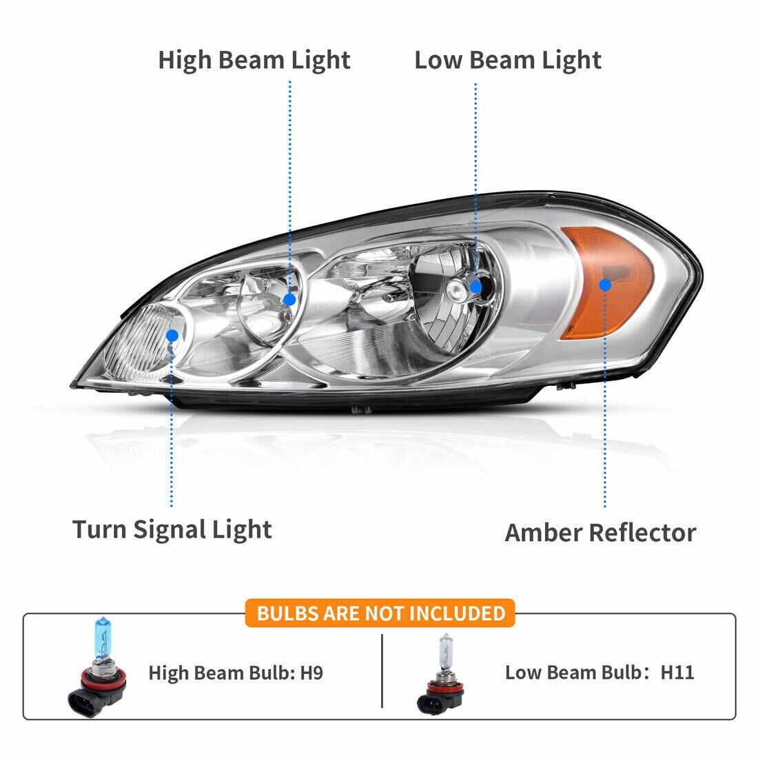 RVNI Chrome Headlights Replacement for 06-07 Monte Carlo 09-13 Chevy Impala Headlamps