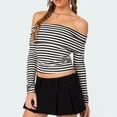 thumbnail image 6 of Goindgs Women's Off Shoulder Tops Y2K Slim Striped Long Sleeve Fold Neck Casual T-Shirt Aesthetic Harajuku Clothes Womens Sexy Blouses Z2 Black-L, 6 of 9
