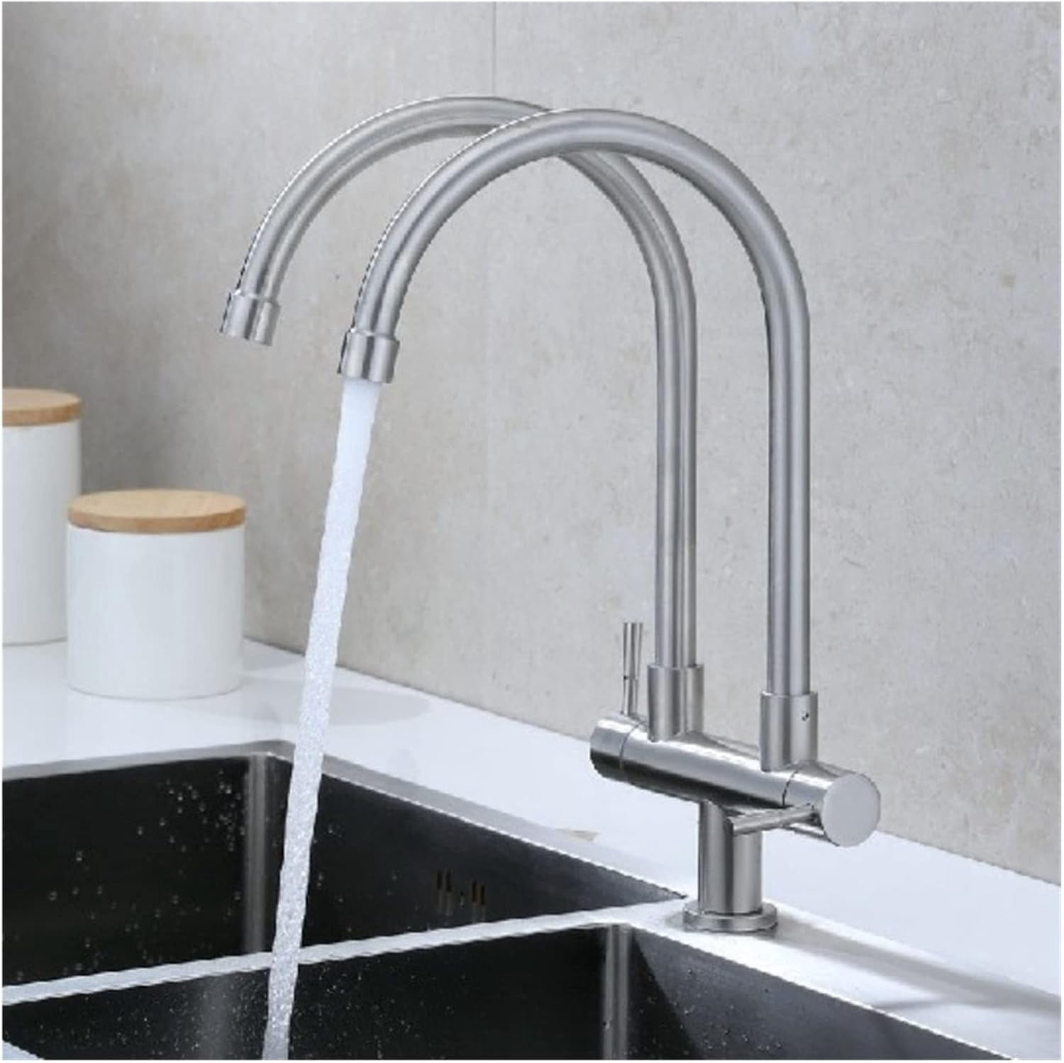 304 Stainless Steel Kitchen Single Cold Water Double Pipe Double Outlet Faucet Sink Sink Sink Double Handle Double Switch Faucet