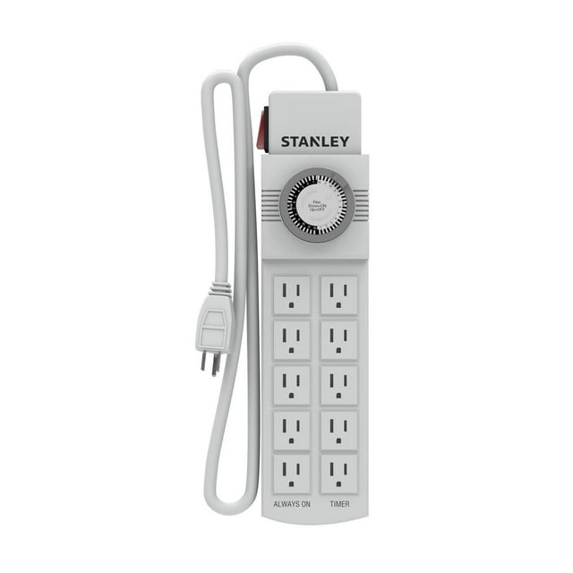 Stanley TimeIt 10-Outlet Powerstrip with Daily Mechanical Timer showing a front view of a white indoor extension cord power bar with 10 grounded outlets arranged in two columns, a central 24-hour mechanical timer dial, a red ON/OFF switch controlling five outlets, and a 3 ft. white power cord, designed for flexible electrical scheduling and easy mounting with keyholes on the back.