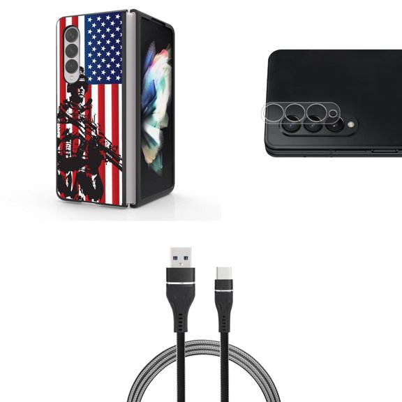 Accessory Bundle for Galaxy Z Fold 4: Slim Snap-On Case (American Flag Soldier), Rear Camera Glass Protector, Nylon Braided USB-C to USB-A Cable (3 Feet)