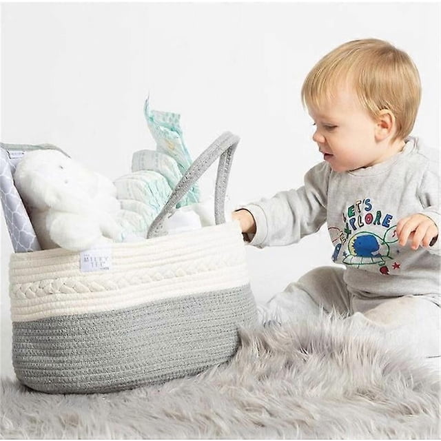 Organizador de pañales, cesta organizadora de cuerda estilo bohemio, organizador portátil para niños y niñas, organizador portátil para cambiador/coche, blanco lechoso