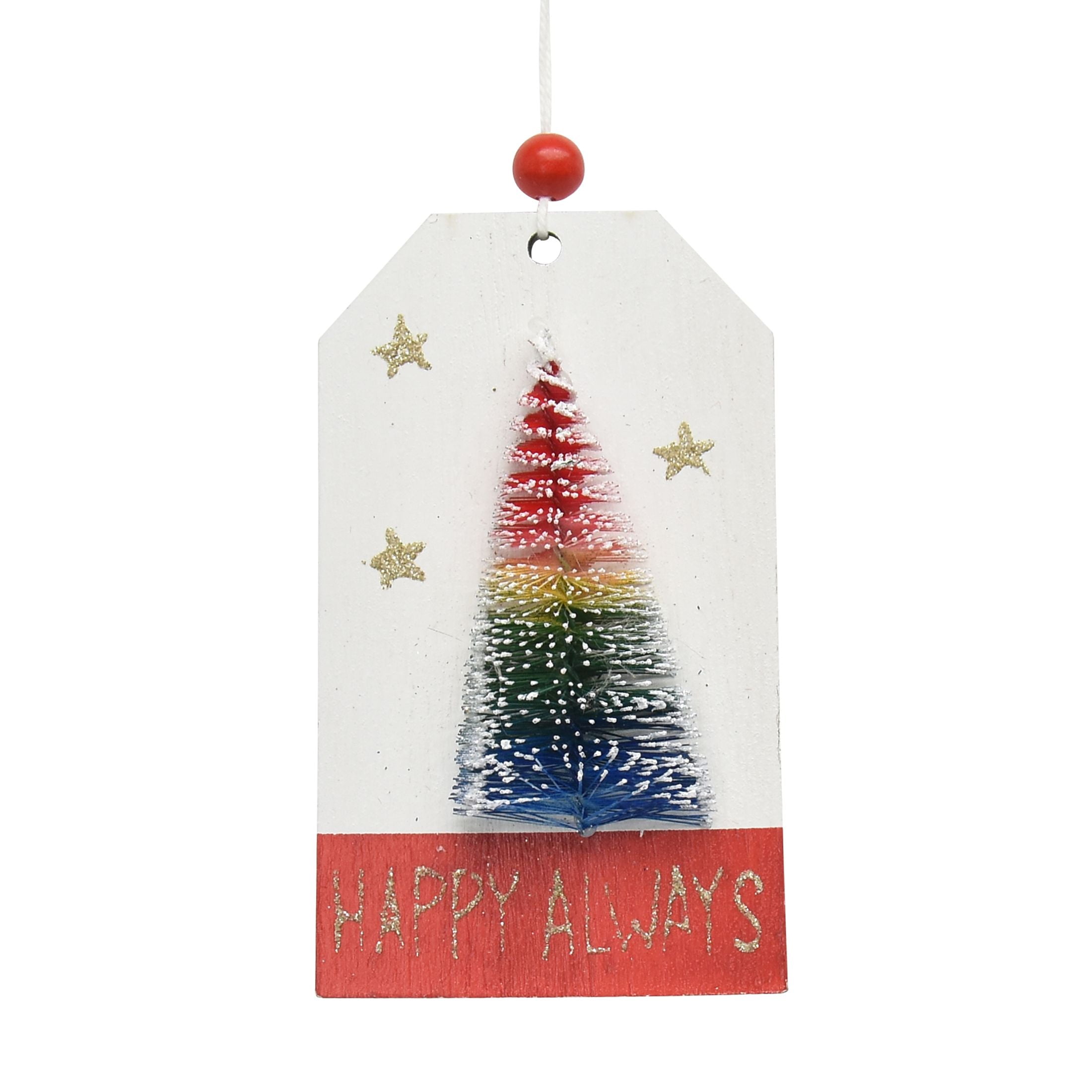 Holiday Time Red and White Gift Tag With Rainbow Color Christmas Tree Ornament