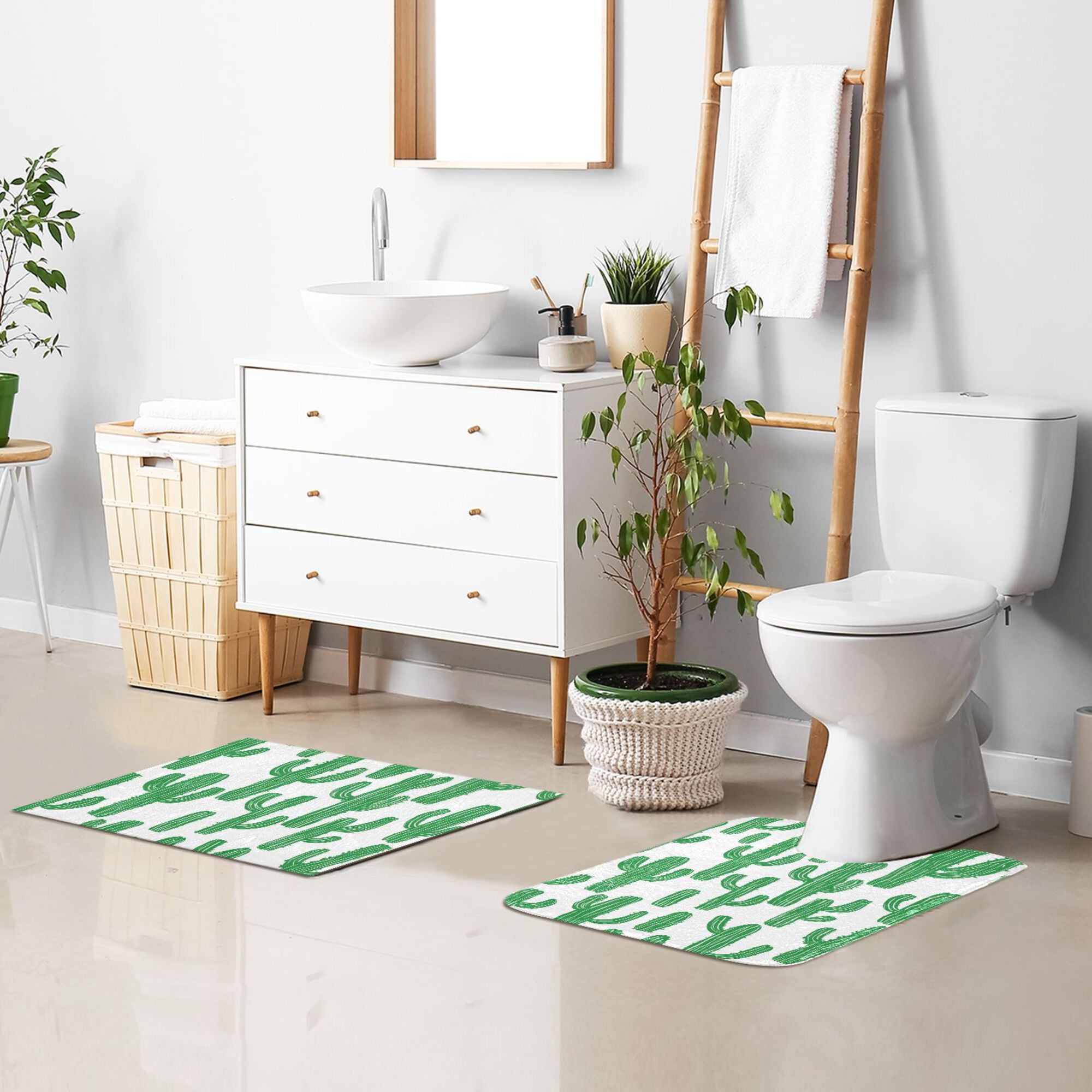 Yayeee Bath Rugs for Bathroom Floor Non Slip Non Skid Set of 2 Soft Absorbent Green Cactus Pattern Machine Washable Mat