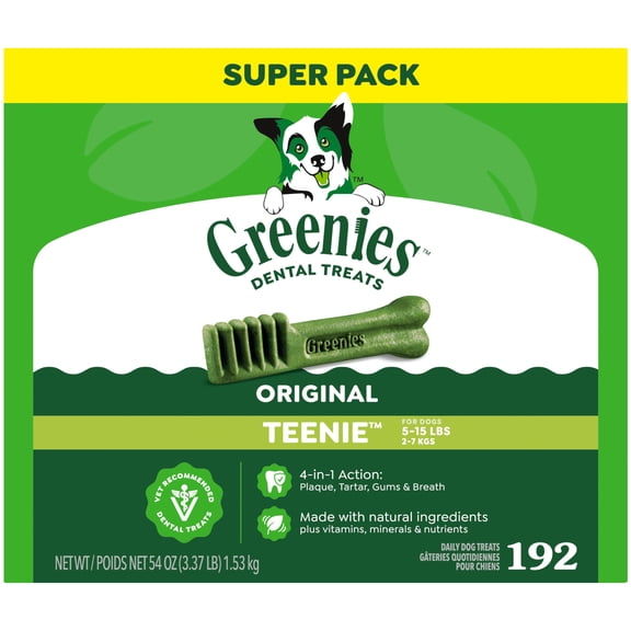 Greenies Original Flavor Adult Natural Dental Dog Treats Teenie Size, 54 oz Pack (192 Count)