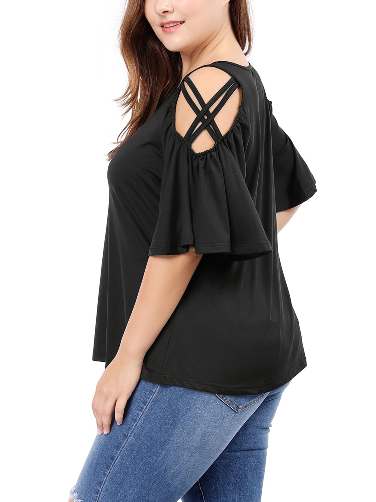 Unique Bargains Juniors' Plus Size Strappy Shoulder Trumpet Sleeves Top 3X Black