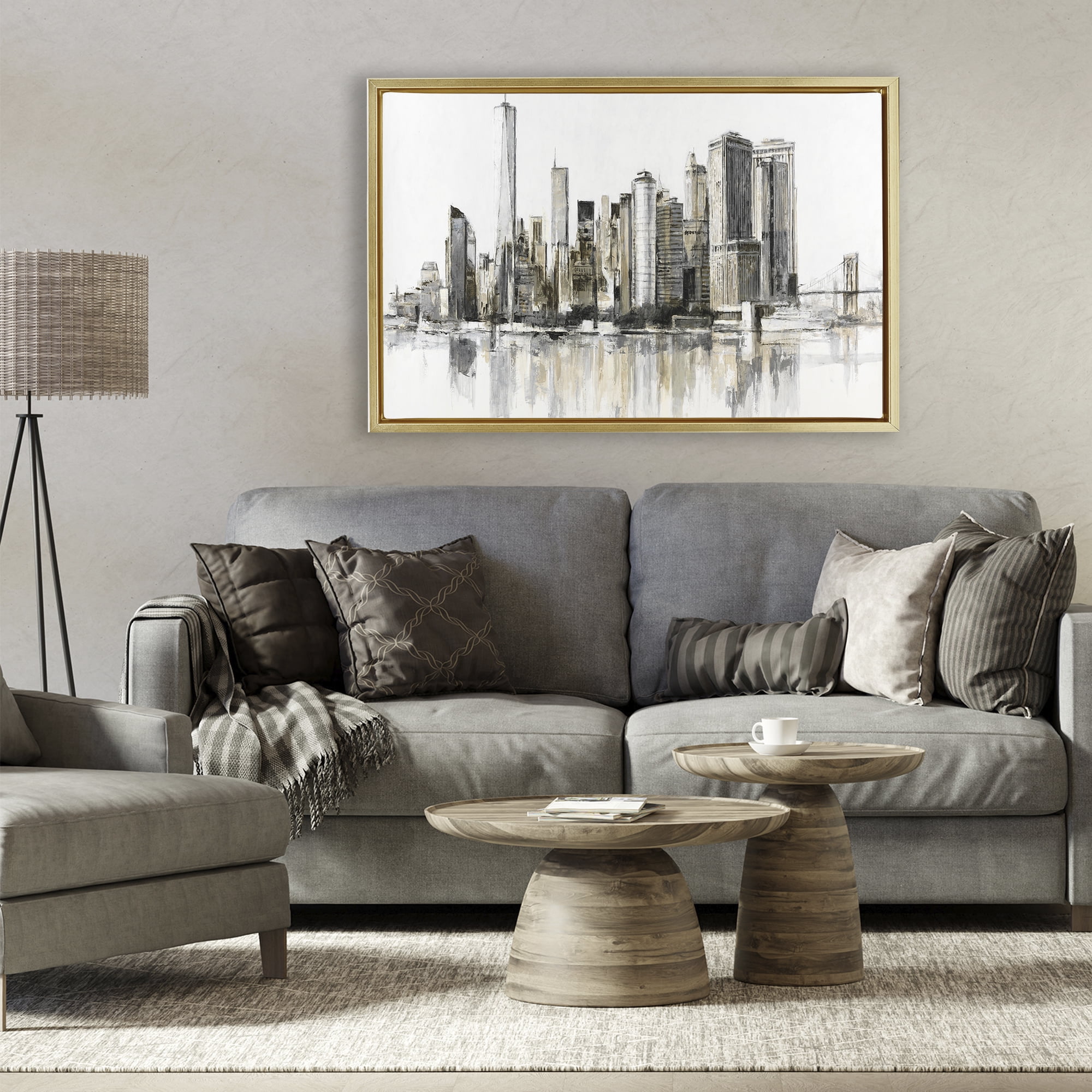 Stupell Industries Urban Skyline Reflection Gold Framed Floater Canvas Wall Art, design by Lorenzo Collective