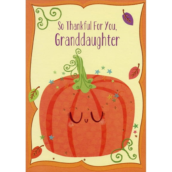 Designer Greetings Cute Pumpkin on Cream : Curving Orange Border Juvenile Thanksgiving Card for Granddaughter