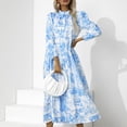 thumbnail image 2 of Vestido Estampado De Mujer Adorno De Volantes Suave Cuello Alto Cordón Lazo Cuello Dobladillo Largo Vestido Suelto Y Transpirable Azul XL, 2 of 7