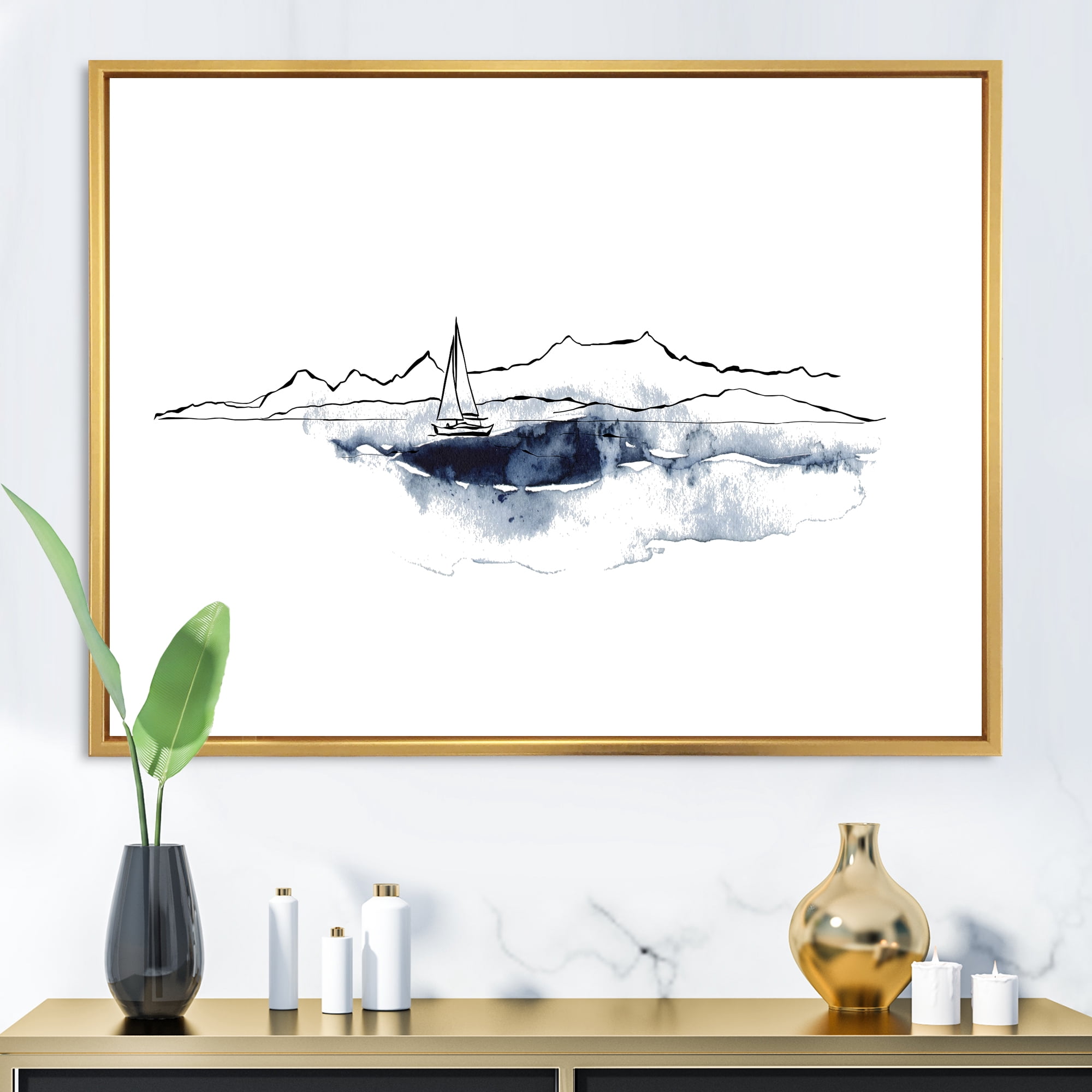 Designart 'Minimalistic Seascape With Boat and Black Mountains' Nautical & Coastal Framed Canvas Wall Art Print
